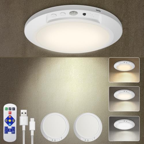 L.JUJAM 2 Pack Rechargeable Motion Sensor Ceiling Lights with Remote, Dimmable & 3CCT Indoor Night Lights for Closet, Shower, Hallway, Porch, RV