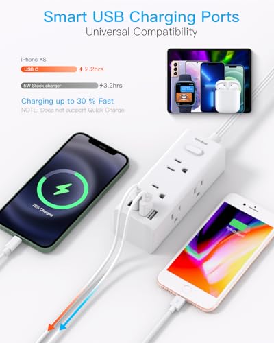 10Ft Flat Extension Cord Power Strip with Multiple Outlets & USB - White
