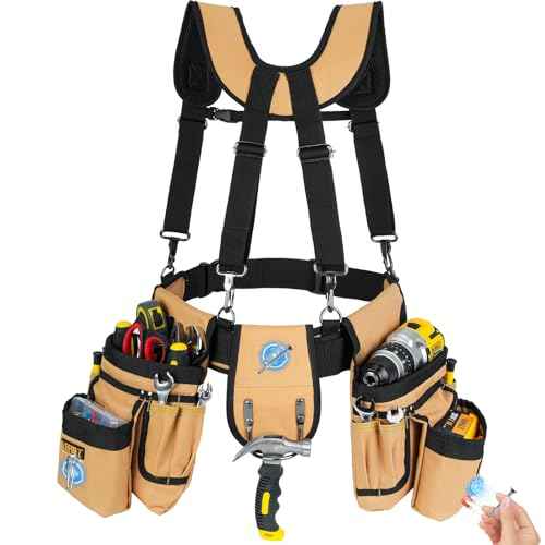 Tool Belt with Suspenders,27-Pockets Heavy Duty Tool Belts for Men with Magnetic Tool Pouch,Detachable & Adjustable Work Belt Bag for Electrician,Carpenter,Construction,Utility Toolbelt,Black,Brown