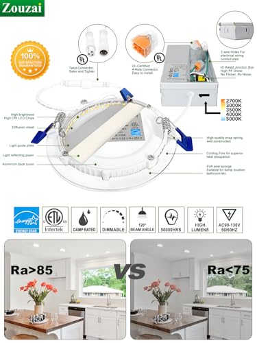 Zouzai 4-Inch Dimmable LED Recessed Ceiling Light 9W 5CCT Selectable