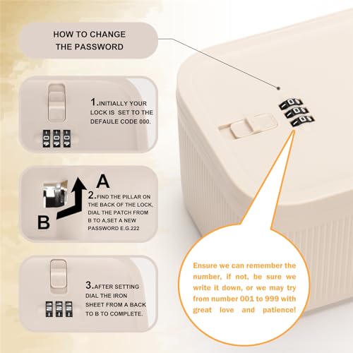 GLOQESEN Beige Locking Medicine Box with Code, Small Secure Storage for Medications & Valuables