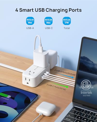 TROND 360° Rotating Flat Plug Power Strip 5ft, 4 AC Outlets, White / 10A