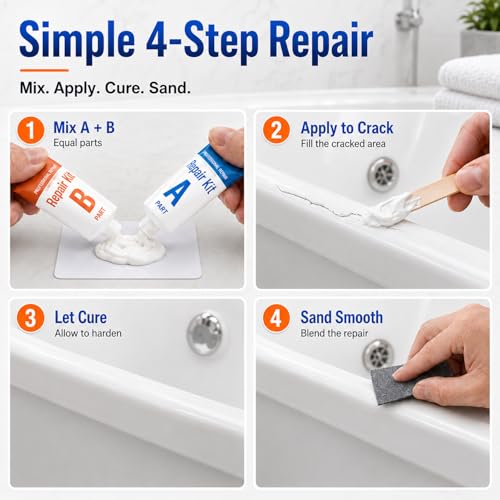 White Tub Repair Kit for Enamel, Fiberglass & Acrylic Bathtubs - DIY Fix