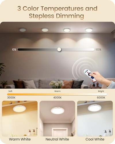 Rechargeable Wireless Motion Sensor Ceiling Light with Remote - 3 Color Temperatures