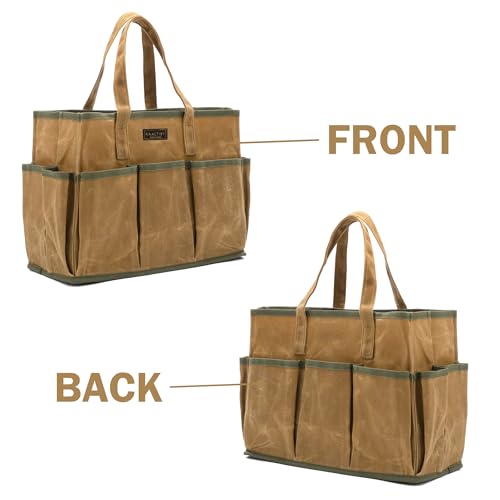 16OZ Waxed Canvas Tool Tote Bag | Large-Capacity Tool Storage Tote with 10 External Pockets | Multi-Purpose Garden Tool Carrier for Gardening, Wrench, and Carpentry Tools ? Khaki