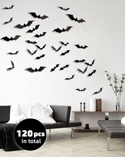 120PCS 3D Halloween Bat Wall Stickers Decor - Reusable PVC Bat Decorations