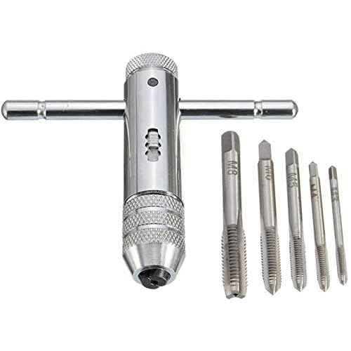 Rocaris Adjustable T-Handle Ratchet Tap Holder Wrench + 5pcs M3-M8 Machine Screw Thread Metric Plug Tap