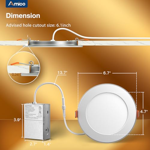 Amico 6 Inch White LED Recessed Ceiling Light with Night Light, 5 CCT Options