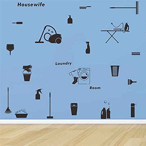 Housewife Laundry Room Wall Decal - Removable PVC Wall Sticker for Ironing and Cleaning Room - Fun and Motivational Laundry Room Decor with Cleaning Theme JWH148 (Black)