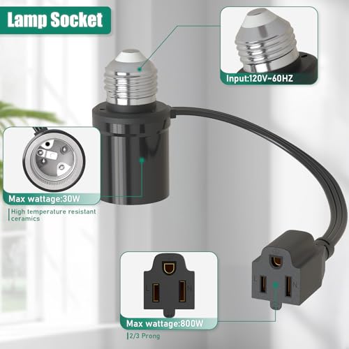 Aaeytby 1-Pack 3 in 1 E26/E27 Light Socket Outlet Adapter with Extension Cord – Outdoor Porch Garage Use