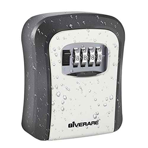 GIVERARE Key Lock Box, 4-Digit Combination Lockbox Aluminum Alloy, Metal Waterproof Wall Mount Outdoor Key Hider, Resettable Safe Security Password Box with Mounting Kit & Dust-proof Cover-Grey