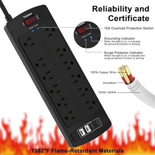 Teiobar 6 Ft Surge Protector Power Strip with 12 Outlets & 4 USB Ports - Black, 2700 Joules