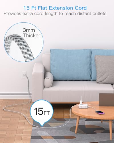 One Beat 15 Ft White & Grey Flat Power Strip with Surge Protector & USB Charging