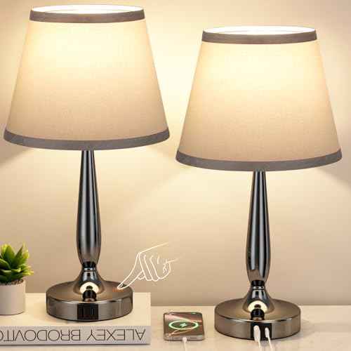 Kakanuo Touch Table Lamp for Bedroom Set, Small Bedside Lamps Set of 2 with USB C Charging Port, 3 Way Dimmable Touch Control Nightstand Lamps, LED Bulb Included