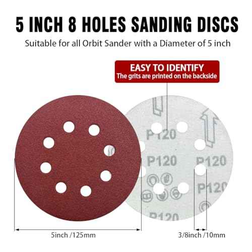 52 Pack 5 Inch 8-Hole Hook and Loop Sanding Discs Sandpaper Red Round 120 Grit Sandpaper for Random Orbital Sander