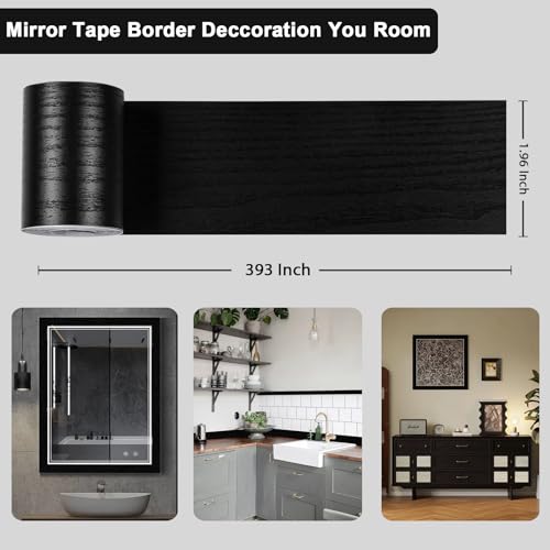 Alened 10M Black Mirror Border Peel & Stick Wood Grain Wallpaper Border - 2''X393''