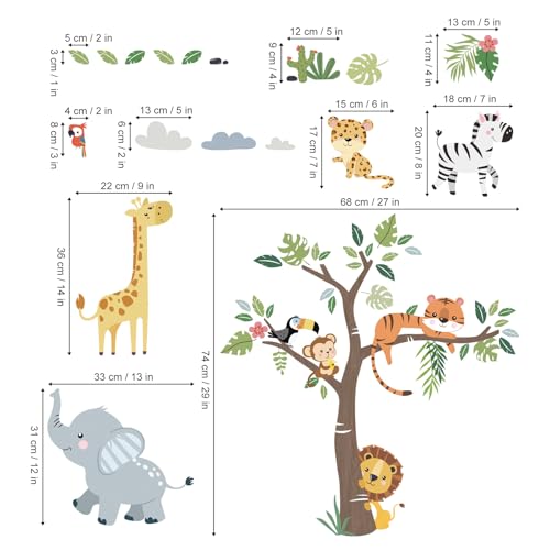 Decalmile Jungle Animals Tree Wall Decals Nursery Decor - Variation C