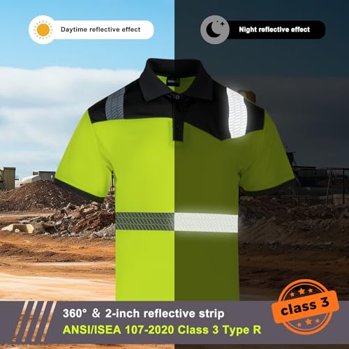 Hi Vis Polo Safety Shirts 2 Pack Class 3 Reflective High Visibility Work Construction Shirts for Men