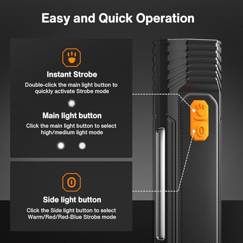 RECHOO Rechargeable Flashlight High Lumens, Portable Flashlight for Emergencies with COB Side Light & 6 Modes, Multi-Functional LED Flashlight for Outdoor, Home, Camping (Battery Included)