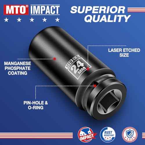 MTO 1/2" Drive 24mm Deep Impact Socket, 6-Point Metric Socket for Automotive Maintaince, CR-V Steel Meets ANSI Standards