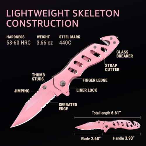 Pink Pocket Knife for Women - Legal Small Knife - 2.68 Inch Serrated Blade - Womens Knife for Self Defense - Cute Girl Survival Tool Pocket & Folding Knives - Mothers Day Gift Idea - 6655 P