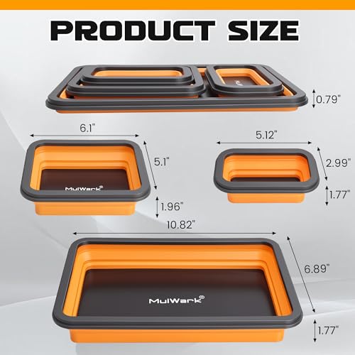 Mulwark 4Pcs Collapsible Magnetic Tray with 15lb Magnetic Pickup Tool – 3 Sizes, Silicone Parts Organizer