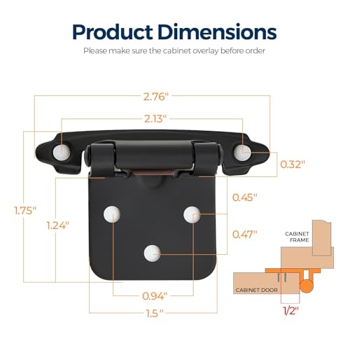 Ravinte Black Cabinet Hinges 1/2 Inch Overlay - 60 Pack (30 Pairs) with Bumpers