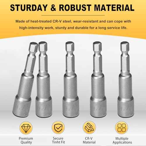 Auniwaig Magnetic Nut Setter Driver Drill Bit Set 1/4" Hex Shank to 1/4" Hex Socket Power Nut Driver Bits, 65mm Long, 10pcs