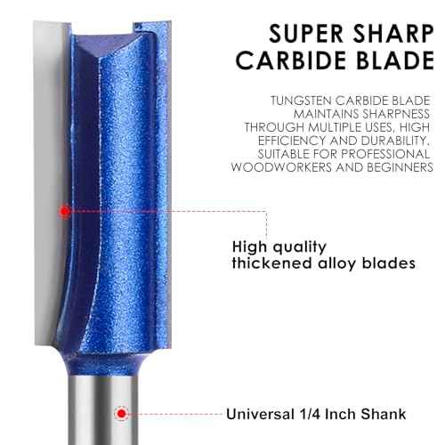 Double Flute Straight 1/4 Shank, Flush Trim Router Bit Set, Cutting Diameter Respectively 1/4", 5/16", 3/8", 1/2" for Home DIY and Woodworking