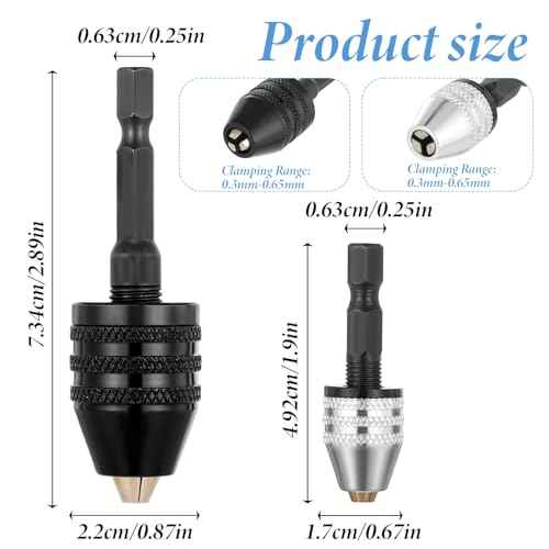 2 Pcs Keyless Drill Chuck Adapter, 1/4 Inch Hex Shank Keyless Drill Chuck for Impact Driver Fast Change Converter Extension for Tool Attachment(0.3-6.5mm,0.3-3.6mm)