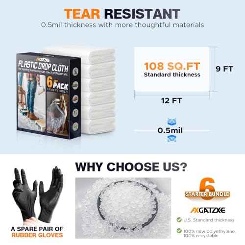12 x 9 Ft Plastic Drop Cloths (6-Pack) - Disposable Painter's Sheeting & Tarps for Painting, Waterproof Furniture/Couch/Floor Protection