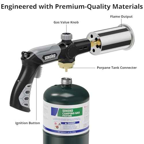 Sondiko Powerful Grill & Cooking Propane Torch L8010, Sous Vide, Campfire Starter, Adjustable Wood Torch Burner for Searing Steak, BBQ, Welding(Black, Grey) Propane Tank Not Included