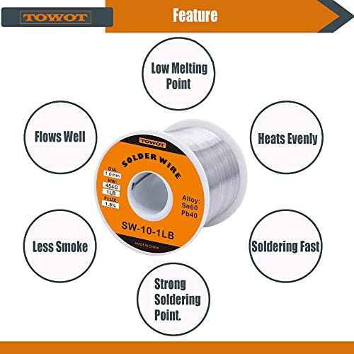 TOWOT Tin Lead Rosin Core Solder Wire for Electrical Soldering, Content 1.8% Solder Flux Sn60-Pb40 (1.0mm-1lb)