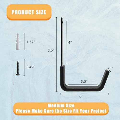 Heavy Duty Utility Hooks for Wall Mount, Garage Wall Hooks, Multi-Use Hose, Bike, Ladder, Chainsaw & Leaf Blower Hanger - 6 Medium (6 M)