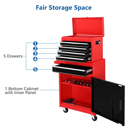 TUFFIOM 5-Drawer Rolling Tool Chest with Lockable Wheels, Detachable Top & Adjustable Shelf – Black/Red