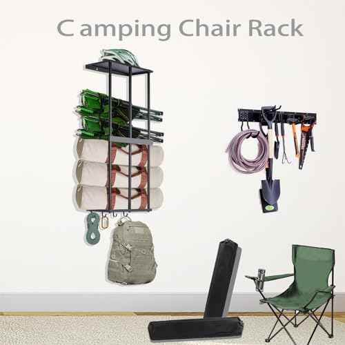 Camping Chair Rack for Garage Storage, Metal Camping Chair Storage Wall Mount Beach Chair Umbrella Storage Holder with 4 Hooks for Garage Organizer