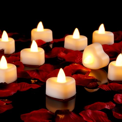 Amagic Romantic Rose Petals & Heart LED Tea Lights Kit for Proposals & Weddings - 1000 Red-Black Petals + 12 White Candles