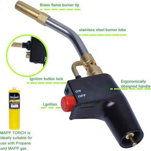 TS4000 Trigger-Start Torch Head,MAPP/Propane Gas Torch Kit with Push Button Start - Angled Burner Handheld Torch for Light Welding, Soldering, Brazing, Heating, Thawing and More