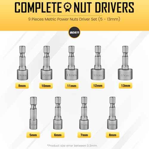 BOEN 9-Piece Power Nuts Driver Set, Metric Hex Shank (5-13mm), Impact Driver Bit Set, 1/4" Quick Change, Chrome Vanadium Steel