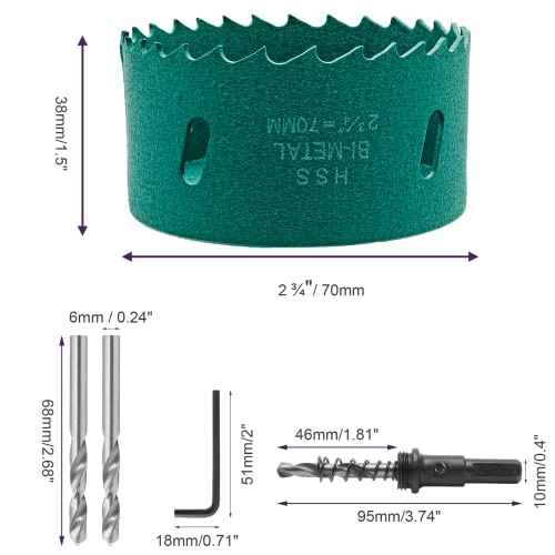 2 3/4 Inch / 70mm Hole Saw with Arbor, 2.75 Inch Hole Saw HSS Bi-Metal Hole Cutter Smoothly Cutting in Cornhole Boards, Plastic, Wood, Fiberboard, Drywall