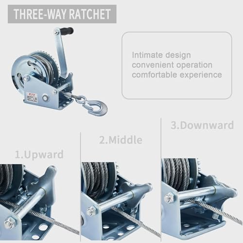 OPENROAD 1600lbs Hand Winch Boat Trailer Winch with 10m Cable - Manual Two-Way Adjustable Towing Winch