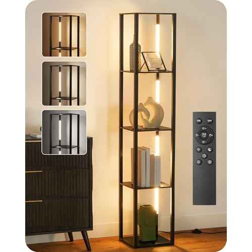 64.2" Display Shelf with Light, Modern Corner Floor Lampe with Shelves, LED Dimmable Standing Lamp with Remote for Living Room, Bedroom, Office, Adjustable CCT, Black Square B51LD05