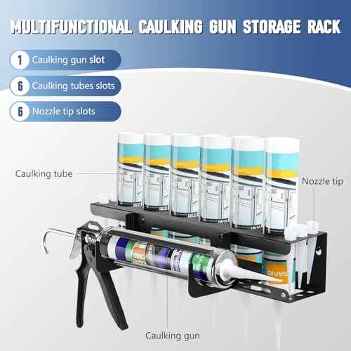 Caulking Gun and Tube Holder, Siligun Caulking Gun Rack, Caulk Tube Storage Organizer and Wall Mount Silicone Caulking Tools for Garage Workshop, Work Van, Service Truck (Black)