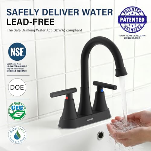 Hurran Matte Black 4-Inch Centerset Bathroom Faucet with 2 Handles, Lead-Free