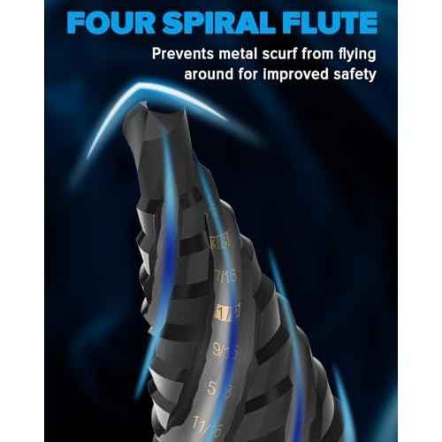 1/4-3/4 Inch Four Spiral Flute Step Drill Bit, M2 High Speed Steel 1/4" Hex Shank Step Drill Bit for Metal, Steel, Aluminum, Plastic Hole Drilling Cutting, 9 Step Size Step Bit