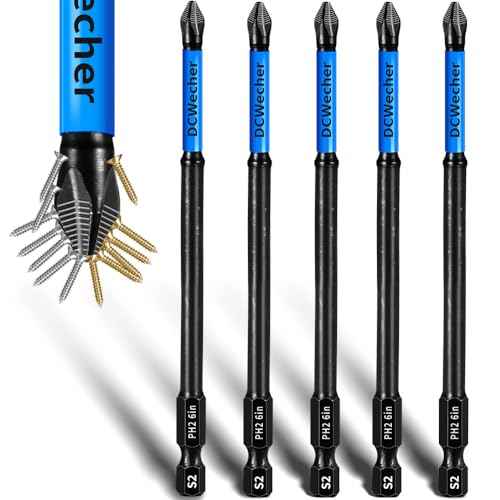 6-Inch Long Phillips Head Drill & Screwdriver Bits 5-Pack, 2 Phillips Bits #2 Impact Magnetic, S2 Alloy Steel, CNC Anti-Slip, 1/4" Hex Shank, Ph2 for Impact Driver, by DCWecher