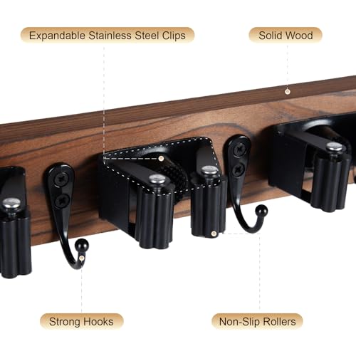 FunCee Brown Wall Mount Broom Holder with 5 Slots & 4 Hooks, Rustic Wood Storage Rack