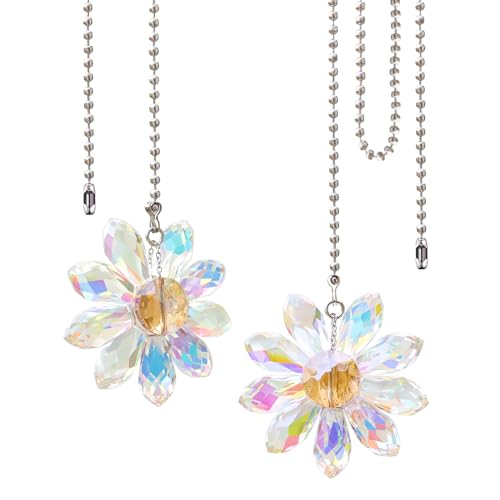 LEFERS Crystal AB Flower Ceiling Fan Pull Chain Set, 2x24in Pendant Extensions