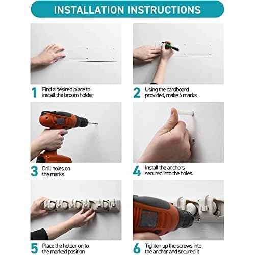 Mop and Broom Holder Wall Mount 2 Pack - Garage Storage Organizer with 5 Slots, 6 Hooks, 7.5lbs Capacity Per Slot - Home, Kitchen, Closet, Laundry Room Organization ? Off-White Broom Hanger