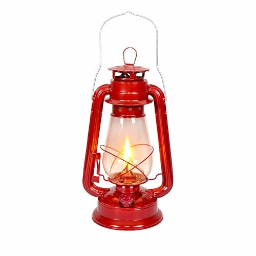 12 Inch Stansport Hurricane Lantern - Red Metal Oil Lamp with Adjustable Wick & Glass Globe, Portable Emergency & Camping Light